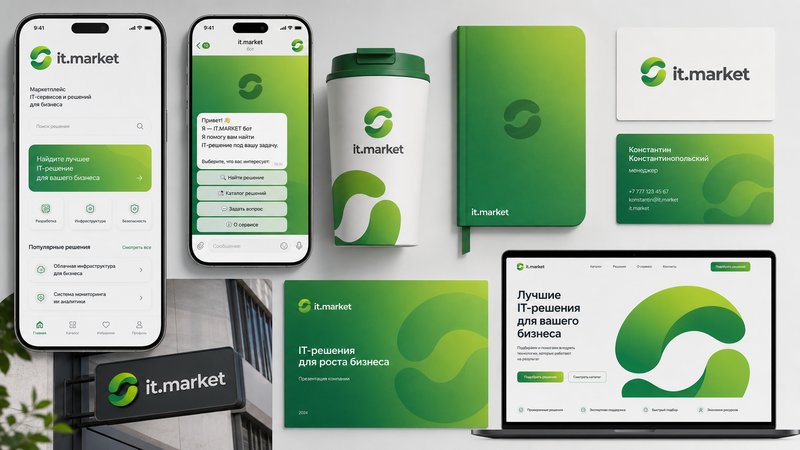 Айдентика IT.MARKET на носителях — приложение, чат, термокружка, ежедневник, визитка, вывеска, презентация, сайт