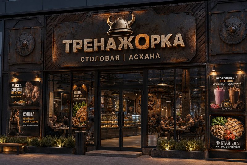 Фасад ТРЕНАЖОРКИ — вывеска, вход, вечерний свет